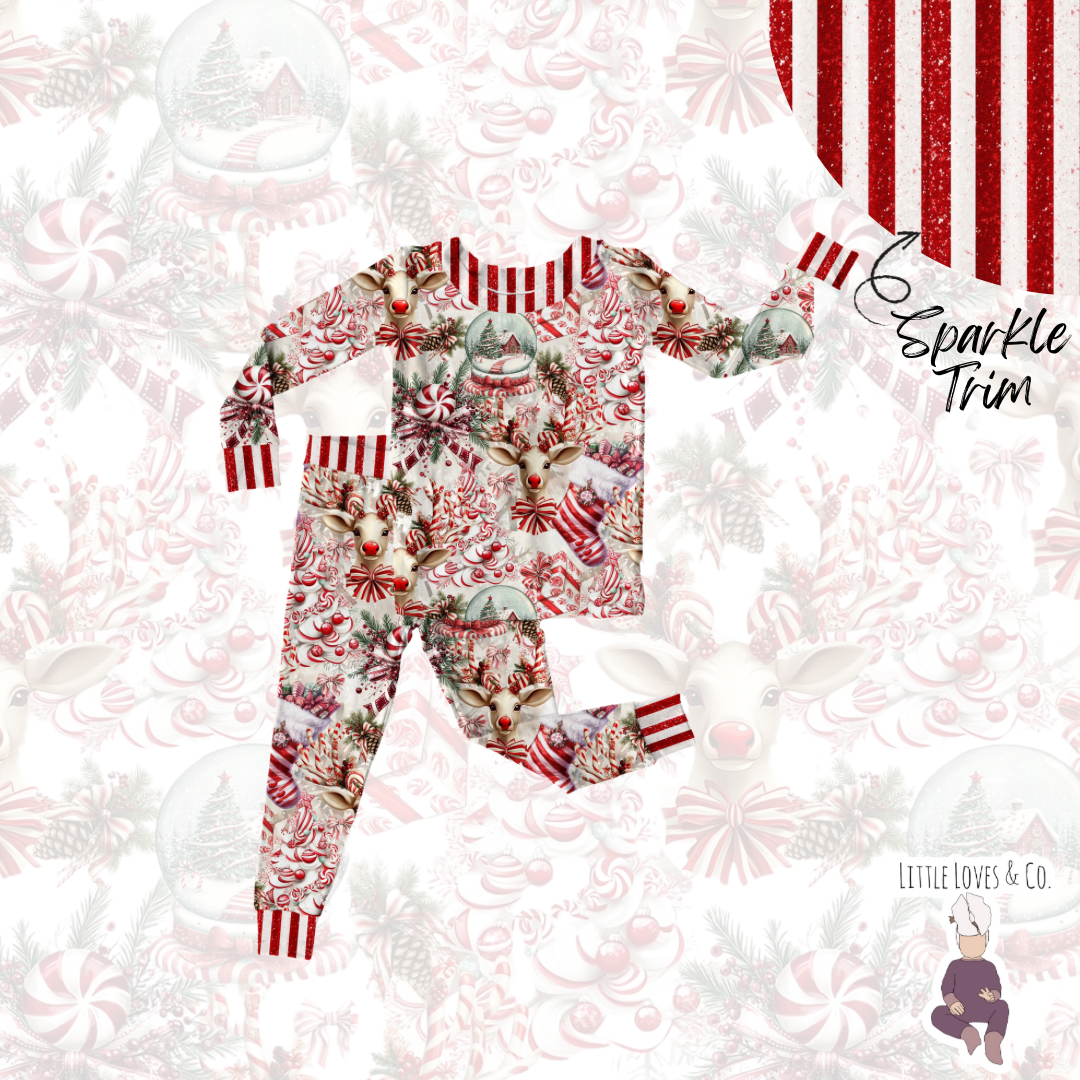 Candy cane lane sparkle trim piece long sleeve and pants set