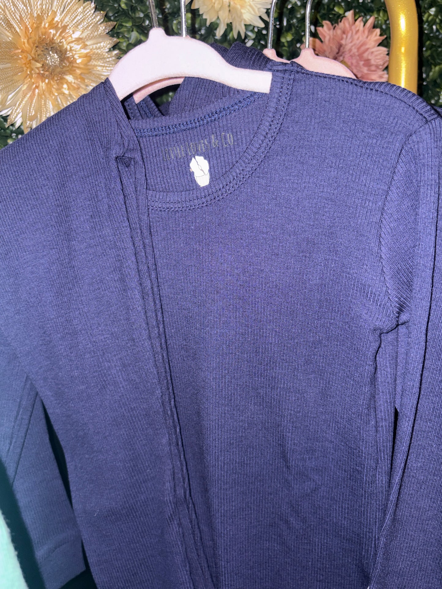 Navy ribbed solid two piece short set