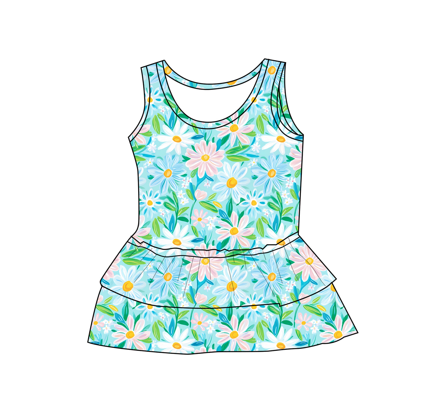 Blue flower ruffle tank bamboo