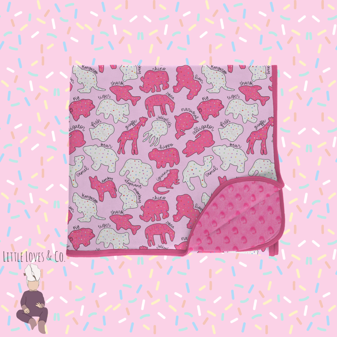 PRE-ORDER Safari sprinkles pink 50x50 blanket minky backed