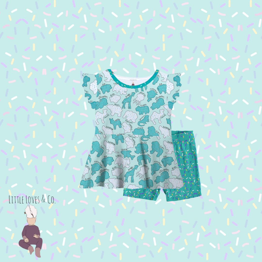 PRE-ORDER Safari sprinkles blue Peplum top and shorts