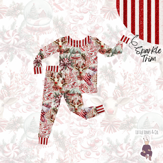 Candy cane lane sparkle trim piece long sleeve and pants set