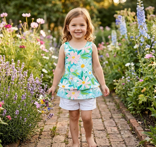 Blue flower ruffle tank bamboo