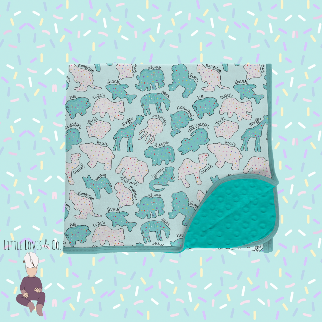PRE-ORDER Safari sprinkles blue 50x50 blanket minky backed