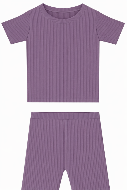 Lilac love ribbed solid two piece short set