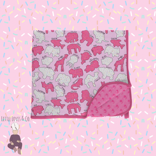 PRE-ORDER Safari sprinkles pink 50x50 blanket minky backed