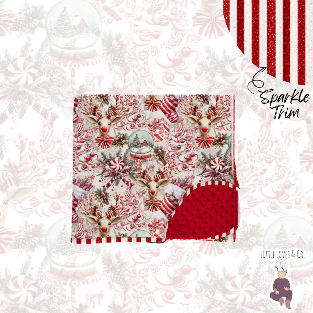 Candy cane lane sparkle trim blanket 50x50 minky backed