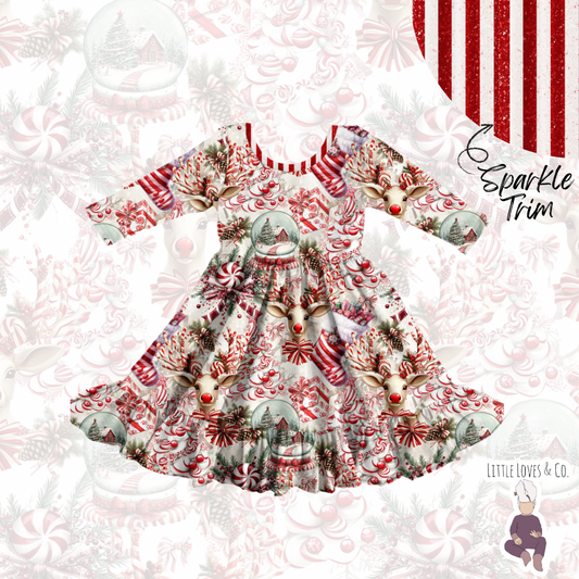 Candy cane lane sparkle trim twirl dress
